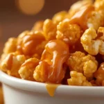 Glossy, crunchy Microwave Caramel Corn Recipe piled high in a white bowl ready for a snack (Microwave Caramel Corn Recipe)