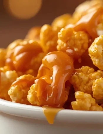 Glossy, crunchy Microwave Caramel Corn Recipe piled high in a white bowl ready for a snack (Microwave Caramel Corn Recipe)