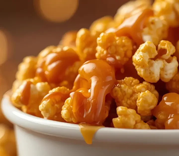 Glossy, crunchy Microwave Caramel Corn Recipe piled high in a white bowl ready for a snack (Microwave Caramel Corn Recipe)