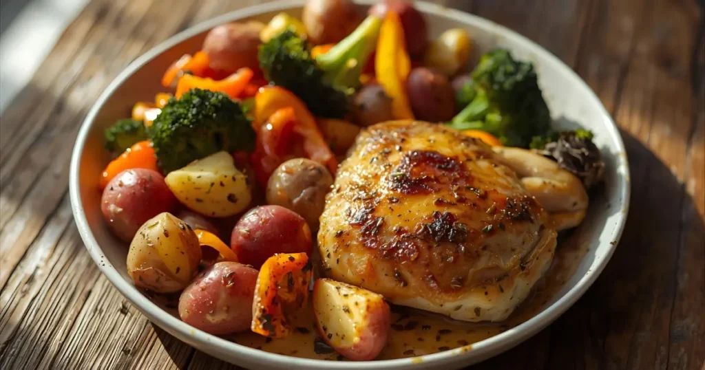 One pan lemon herb chicken with roasted vegetables — healthy 30-minute dinner recipe.