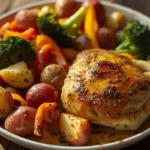 One pan lemon herb chicken with roasted vegetables — healthy 30-minute dinner recipe.
