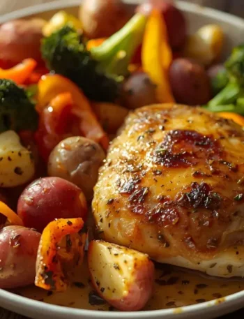 One pan lemon herb chicken with roasted vegetables — healthy 30-minute dinner recipe.