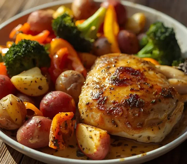 One pan lemon herb chicken with roasted vegetables — healthy 30-minute dinner recipe.