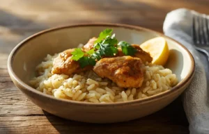 plated one pot chicken and rice dinner with herbs