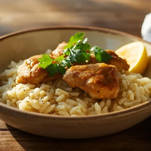 plated one pot chicken and rice dinner with herbs