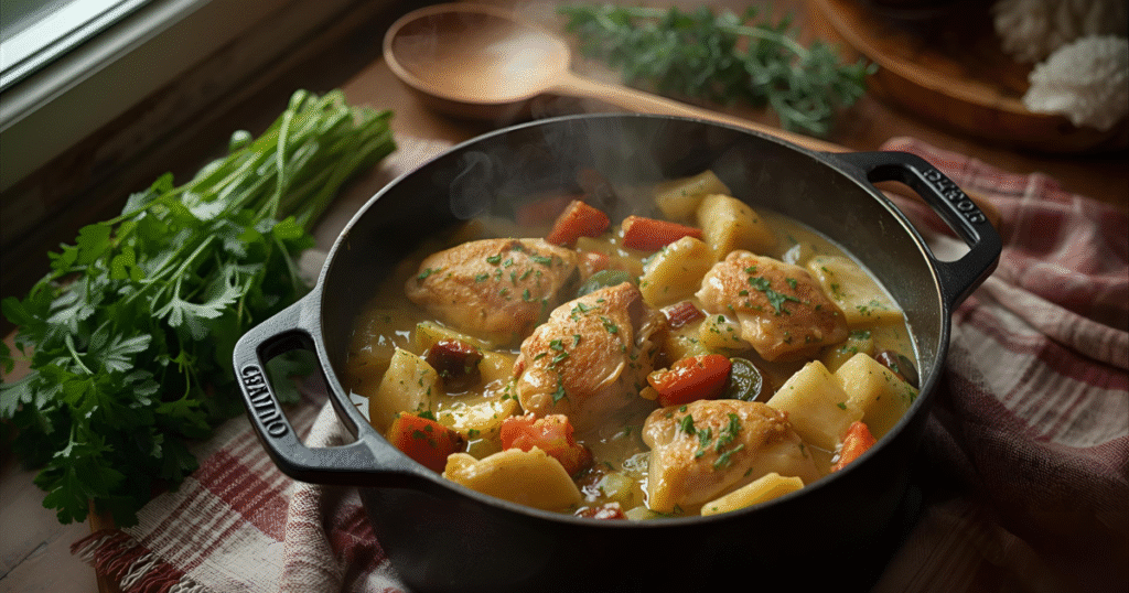 one pot chicken and vegetable dinner in a cast iron pot