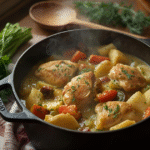 one pot chicken and vegetable dinner in a cast iron pot