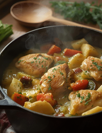 one pot chicken and vegetable dinner in a cast iron pot