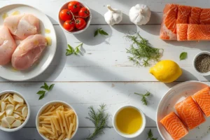Fresh ingredients for quick dinner recipes laid out on wooden surface
