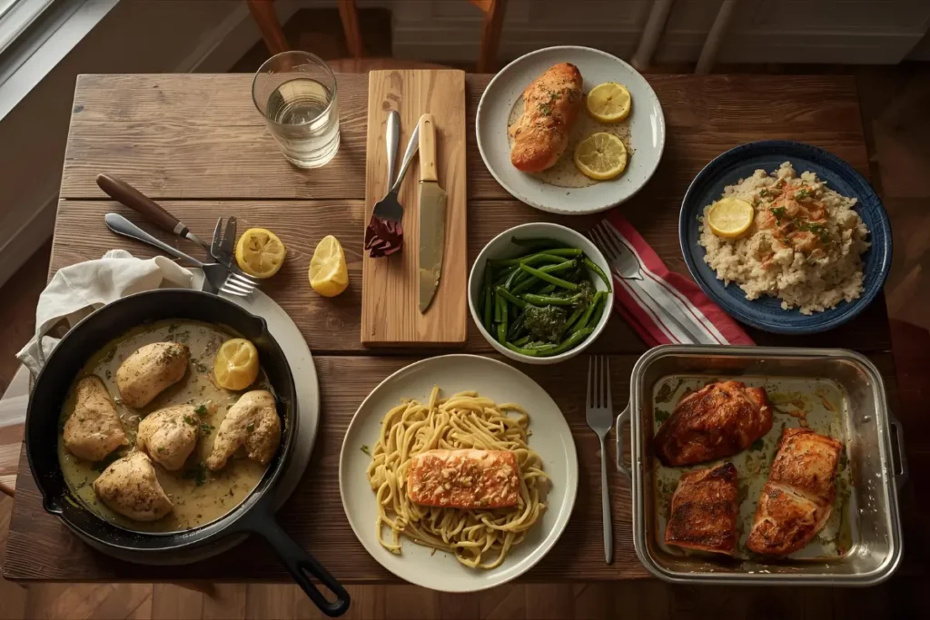 Variety of quick dinner recipes for beginners on a rustic table