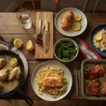 Variety of quick dinner recipes for beginners on a rustic table