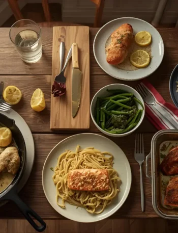 Variety of quick dinner recipes for beginners on a rustic table