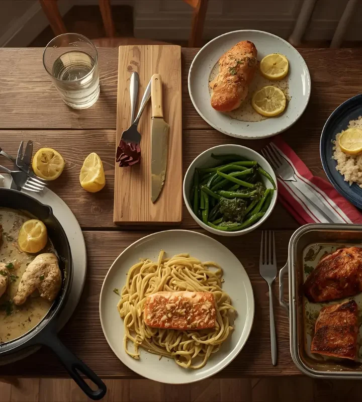 Variety of quick dinner recipes for beginners on a rustic table