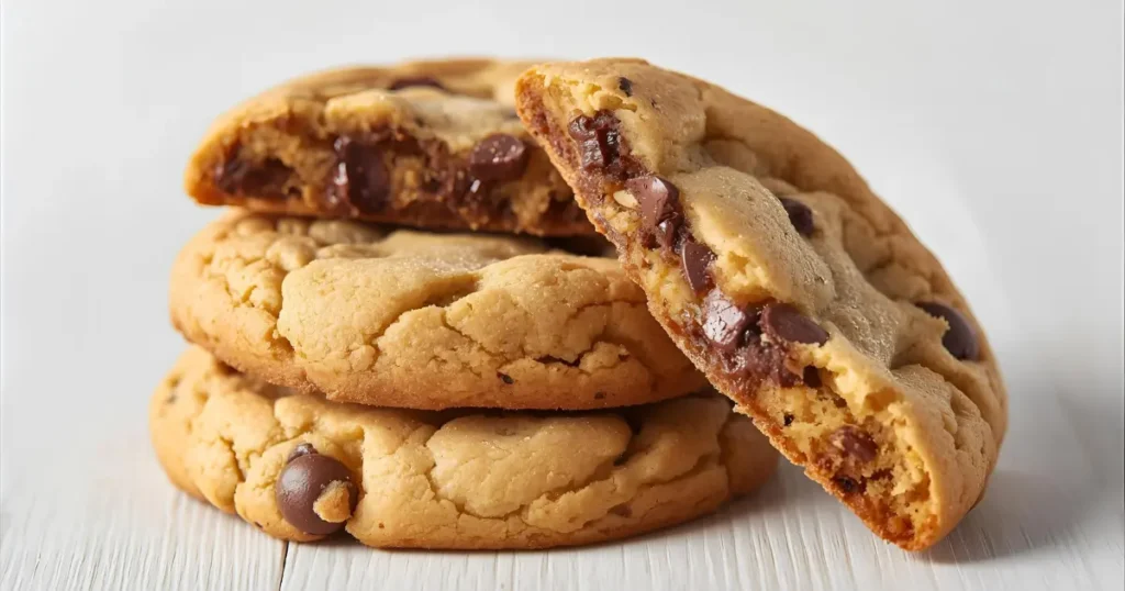 A close-up stack of three large, soft, and chewy school cafeteria-style chocolate chip cookies, with one broken to reveal its gooey center and abundant mini chocolate chips.