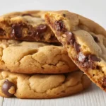 A close-up stack of three large, soft, and chewy school cafeteria-style chocolate chip cookies, with one broken to reveal its gooey center and abundant mini chocolate chips.