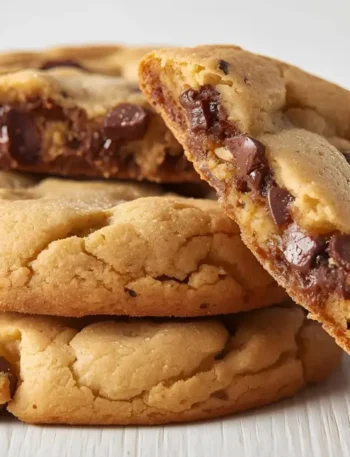 A close-up stack of three large, soft, and chewy school cafeteria-style chocolate chip cookies, with one broken to reveal its gooey center and abundant mini chocolate chips.