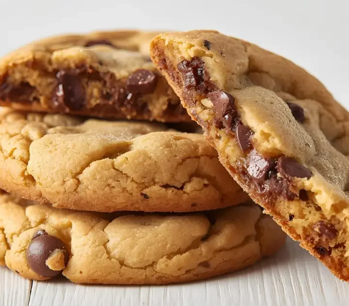 A close-up stack of three large, soft, and chewy school cafeteria-style chocolate chip cookies, with one broken to reveal its gooey center and abundant mini chocolate chips.