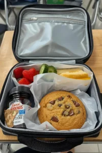 An open kid's lunchbox on a school desk, showcasing a balanced meal with fruits, vegetables, and a prominently placed, individually wrapped giant chocolate chip cookie.