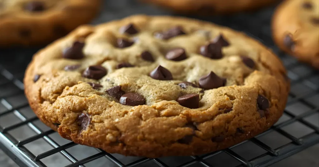 A close-up of a freshly baked, giant school-style chocolate chip cookie cooling on a wire rack, emphasizing its soft center and melted mini chocolate chips.