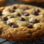 A close-up of a freshly baked, giant school-style chocolate chip cookie cooling on a wire rack, emphasizing its soft center and melted mini chocolate chips.