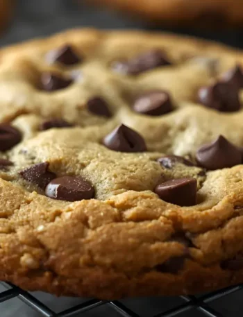 A close-up of a freshly baked, giant school-style chocolate chip cookie cooling on a wire rack, emphasizing its soft center and melted mini chocolate chips.