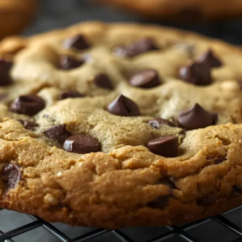 A close-up of a freshly baked, giant school-style chocolate chip cookie cooling on a wire rack, emphasizing its soft center and melted mini chocolate chips.