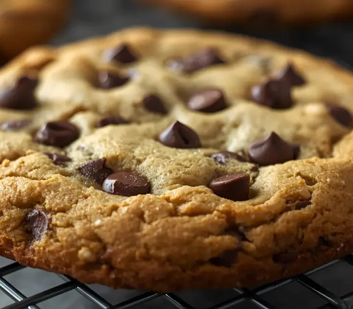 A close-up of a freshly baked, giant school-style chocolate chip cookie cooling on a wire rack, emphasizing its soft center and melted mini chocolate chips.