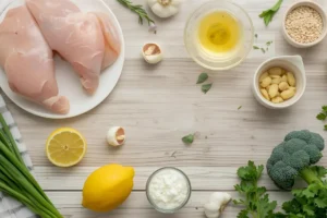Fresh simple meal ingredients – chicken, lemon, broccoli, garlic, and olive oil.
