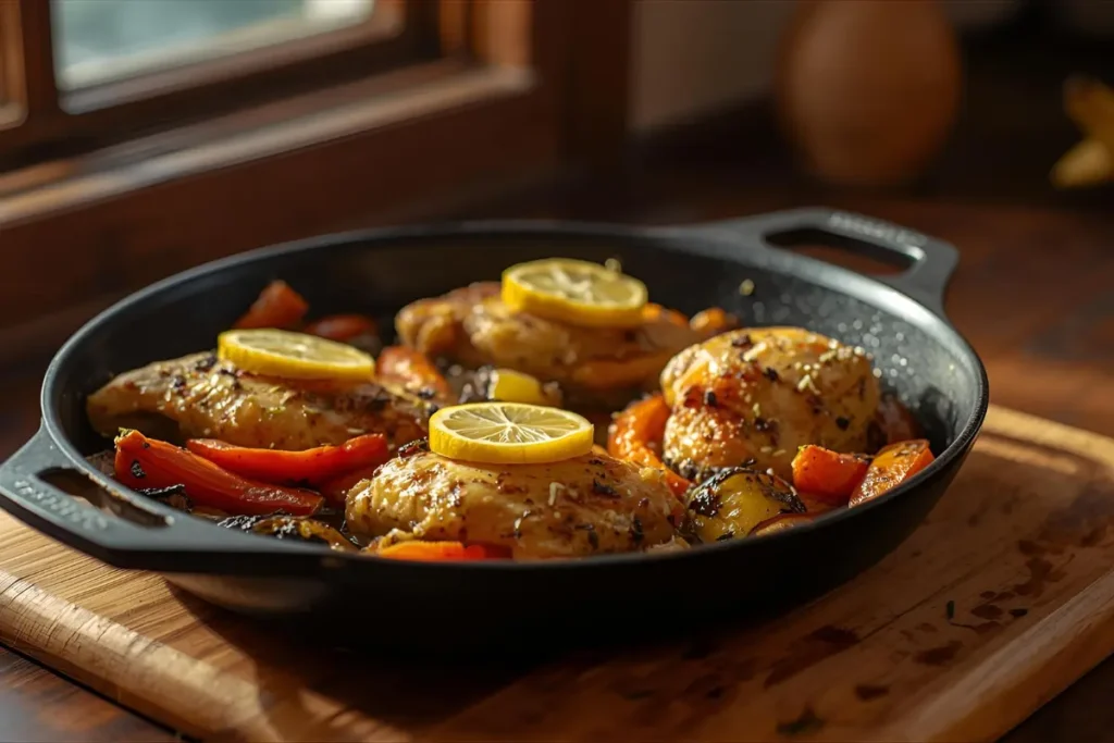 Simple one-pan lemon herb chicken and vegetables – easy dinner with few ingredients.